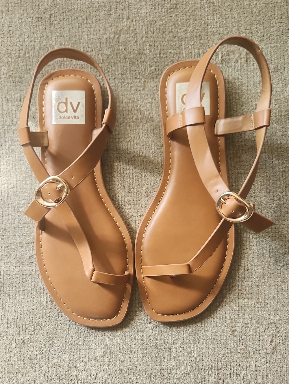Dolce Vita Cognac Leather T-Strap Sandals with Gold Buckle